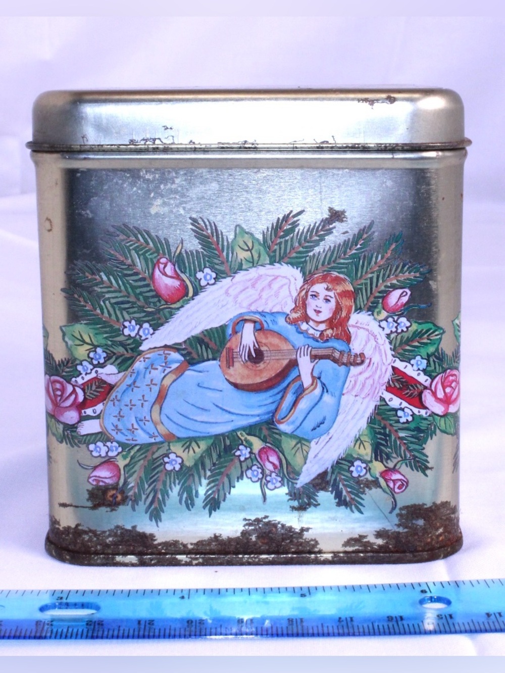 Decorative Angel Musician Tin Lithograph in Gold and Blue